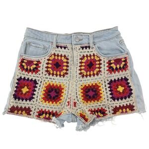 SO Crochet Granny Denim Shorts 7 Boho Artsy 70s Cutoff Summer Hippie Cottagecore